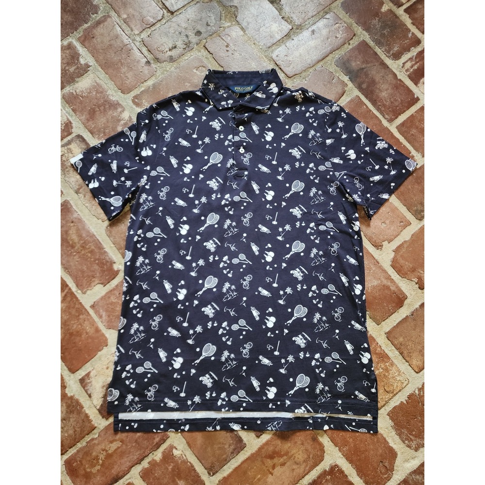 Polo Golf Ralph Lauren Mens Polo Shirt L Blue Tennis Golf All Over Print NWOT - Picture 2 of 7